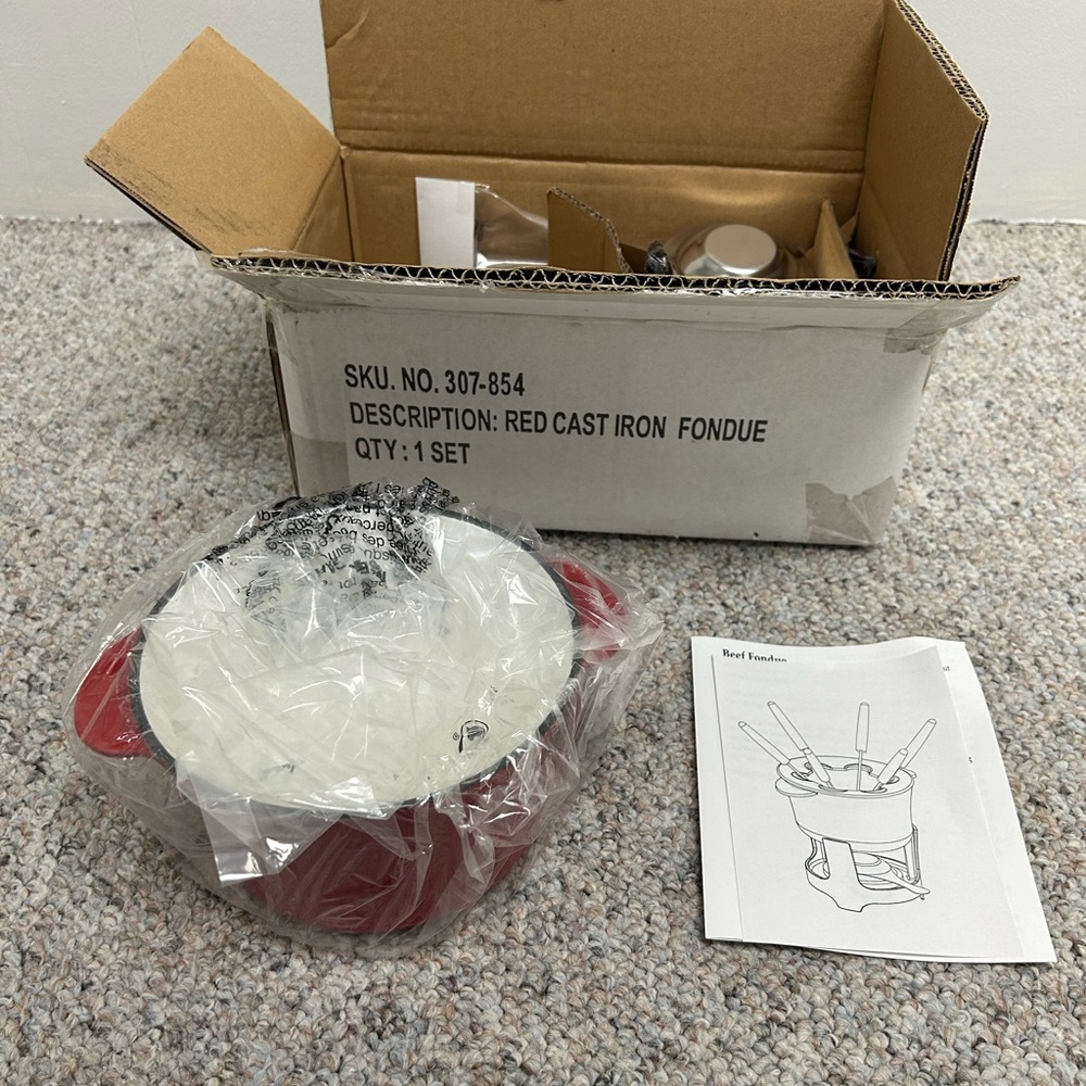 Crate & Barrel Red Cast Iron Fondue Set